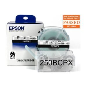 250BCPX — Epson LabelWorks 50mm 2" x 26.2' Black on Clear PET Tape 8M