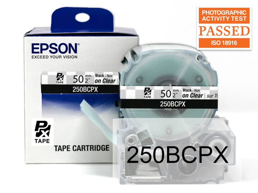 250BCPX — Epson LabelWorks 50mm 2" x 26.2' Black on Clear PET Tape 8M