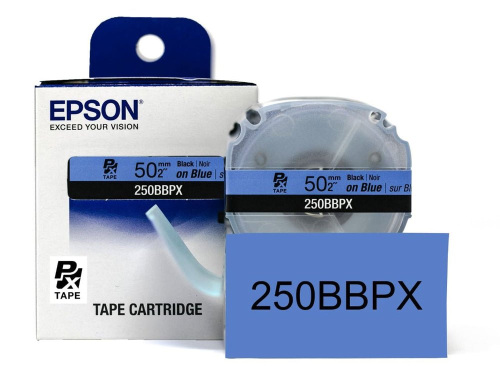 250BBPX — Epson LabelWorks 50mm 2" x 26.2' Black on Blue PET Tape 8M