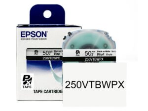 250VTBWPX** — Epson LabelWorks 50mm 2" x 22.9' Black on White Vinyl Tape 7M