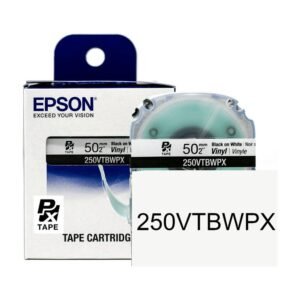 250VTBWPX** — Epson LabelWorks 50mm 2" x 22.9' Black on White Vinyl Tape 7M