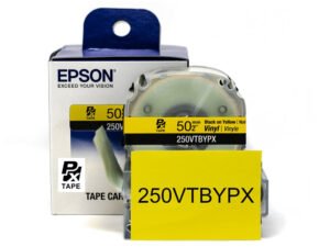 250VTBYPX** — Epson LabelWorks 50mm 2" x 22.9' Black on Yellow Vinyl Tape 7M