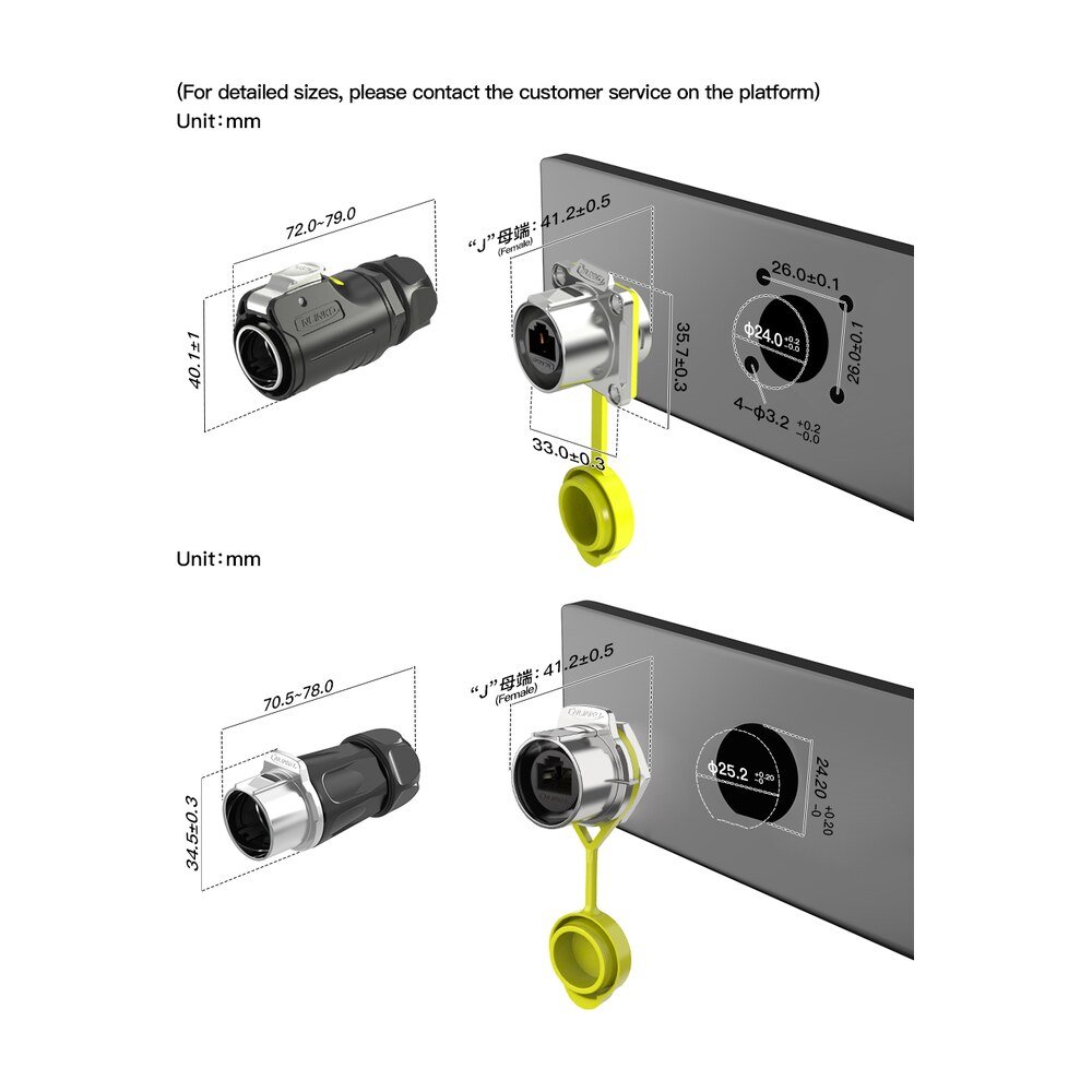 LP-24-J/RJ45/213/SX-43-408, LP-24 RJ45 Ethernet Socket (Panel Mount) Waterproof Connector