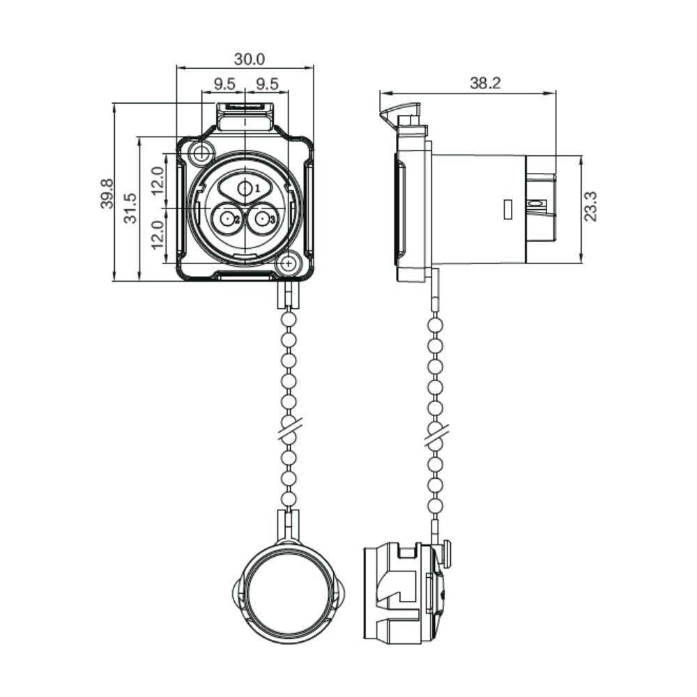 BD-24-J03SX-22-201, 3-Pin Plastic Female Panel Mount Waterproof Connector