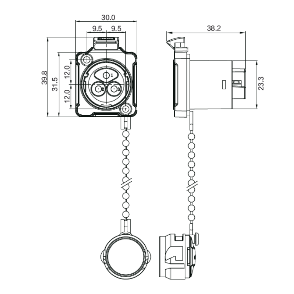BD-24-J03SX-22-201, 3-Pin Plastic Female Panel Mount Waterproof Connector