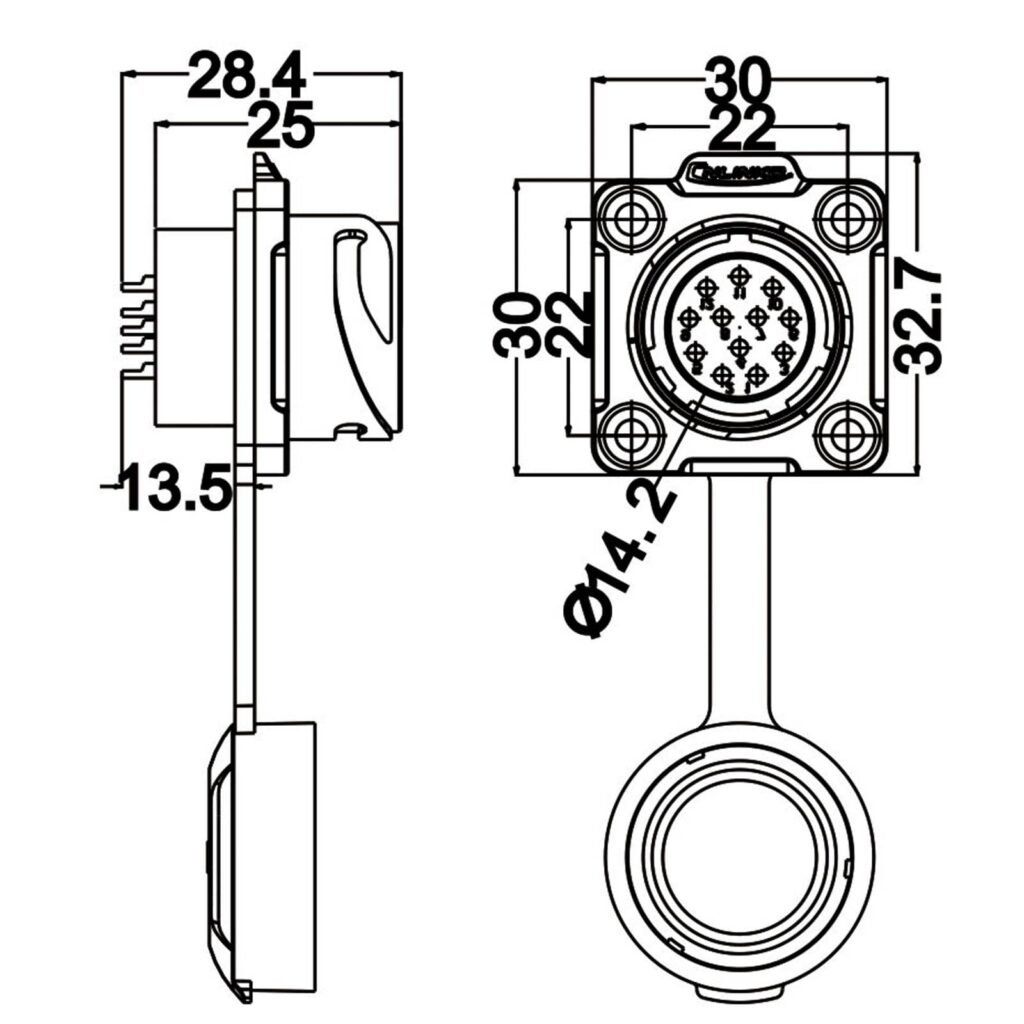 DH-20-J12SX-03-401, 12-Pin Female Panel Mount Waterproof Connector