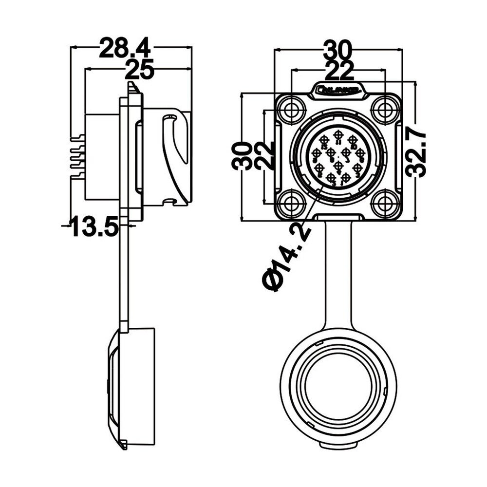 DH-20-J12SX-03-401, 12-Pin Female Panel Mount Waterproof Connector
