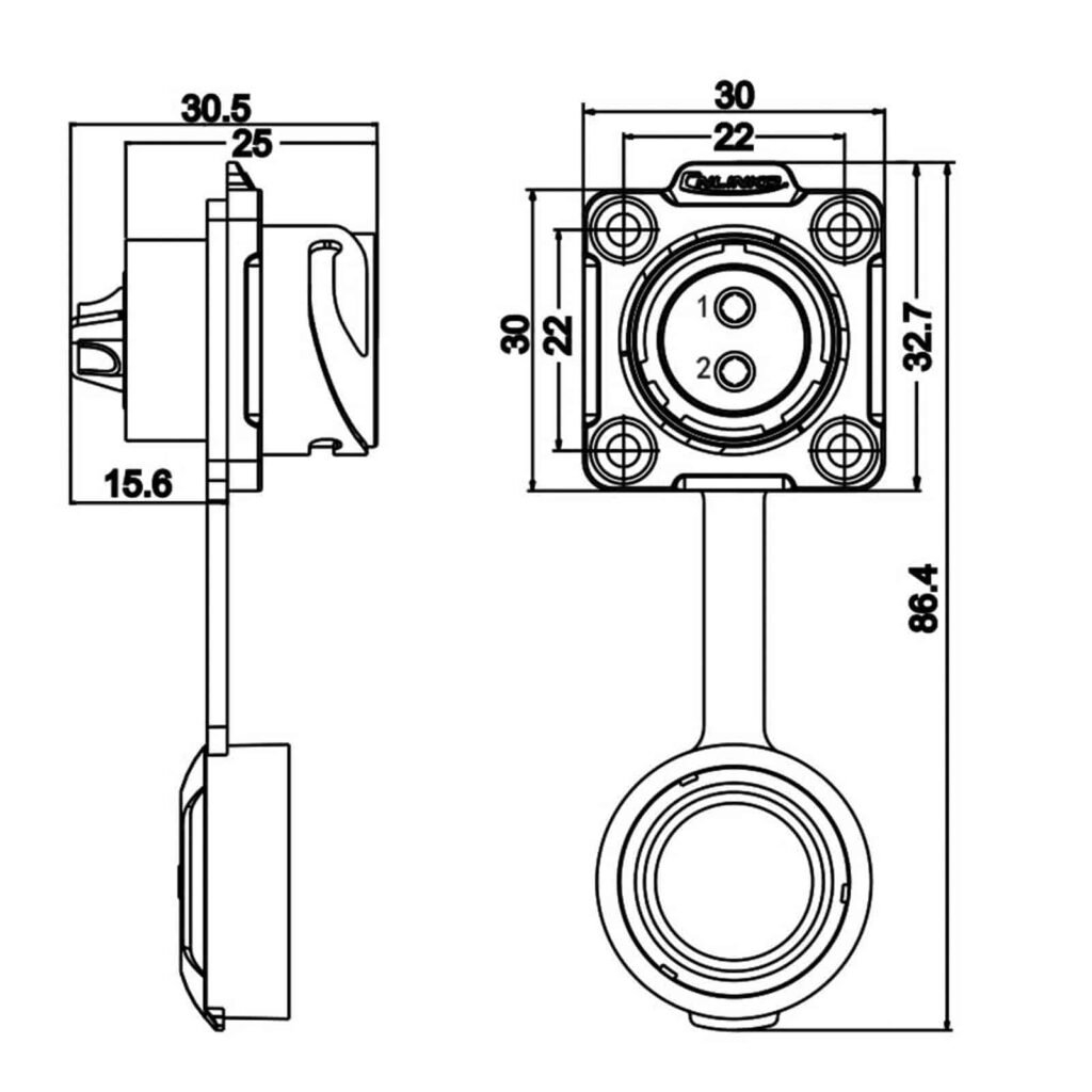DH-20-J02SX-03-401, 2-Pin Female Panel Mount Waterproof Connector