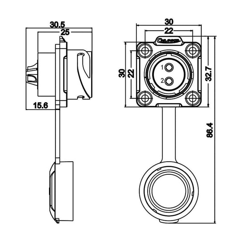 DH-20-J02SX-03-401, 2-Pin Female Panel Mount Waterproof Connector