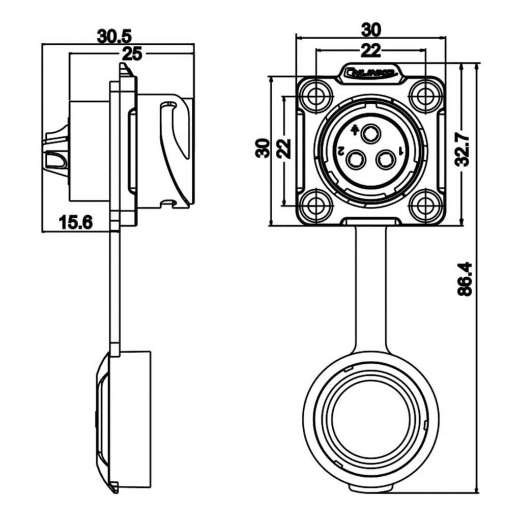 DH-20-J03SX-03-401, 3-Pin Female Panel Mount Waterproof Connector