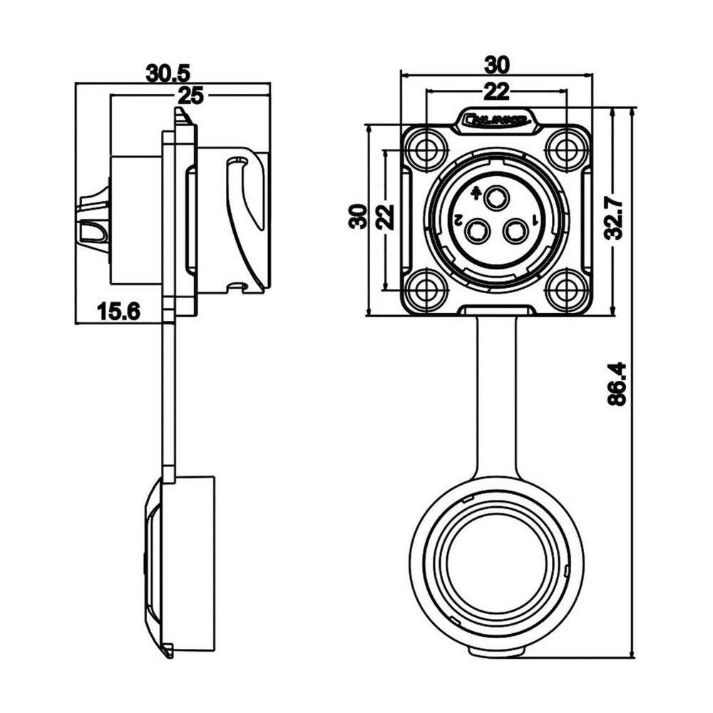 DH-20-J03SX-03-401, 3-Pin Female Panel Mount Waterproof Connector