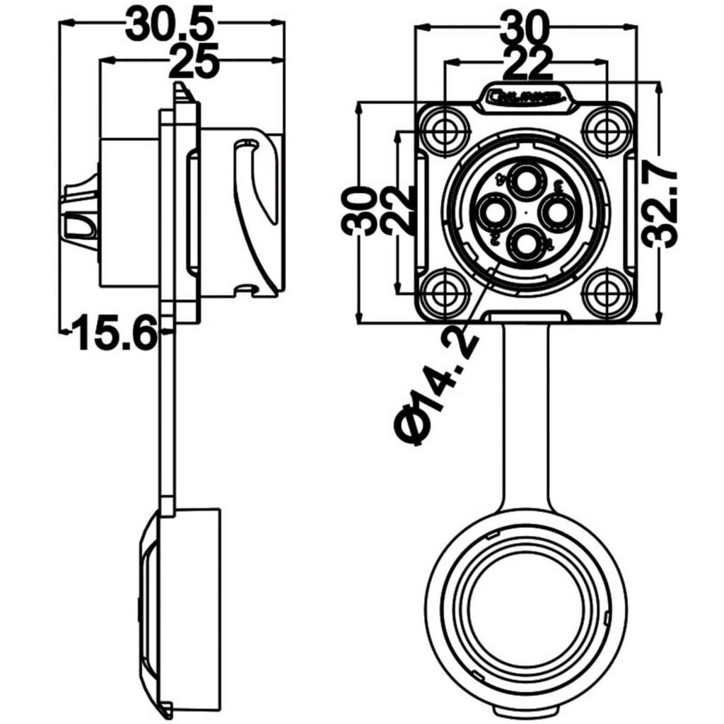 DH-20-J04SX-03-401, 4-Pin Female Panel Mount Waterproof Connector