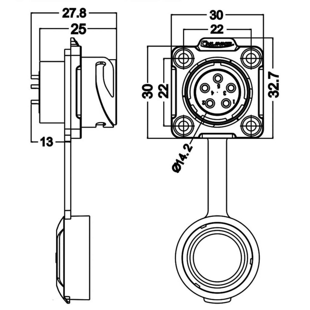 DH-20-C05SX-03-401, 5-Pin Male Panel Mount Waterproof Connector