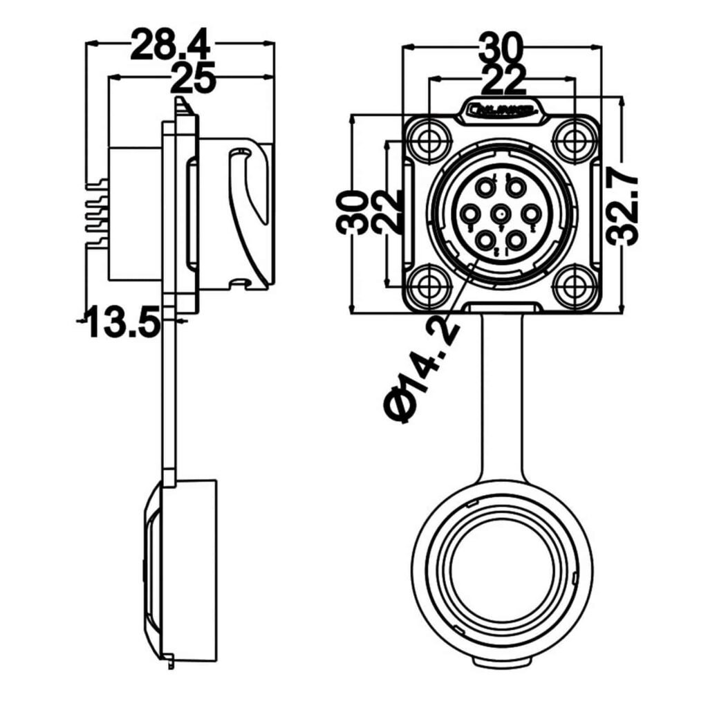 DH-20-J07SX-03-401, 7-Pin Female Panel Mount Waterproof Connector