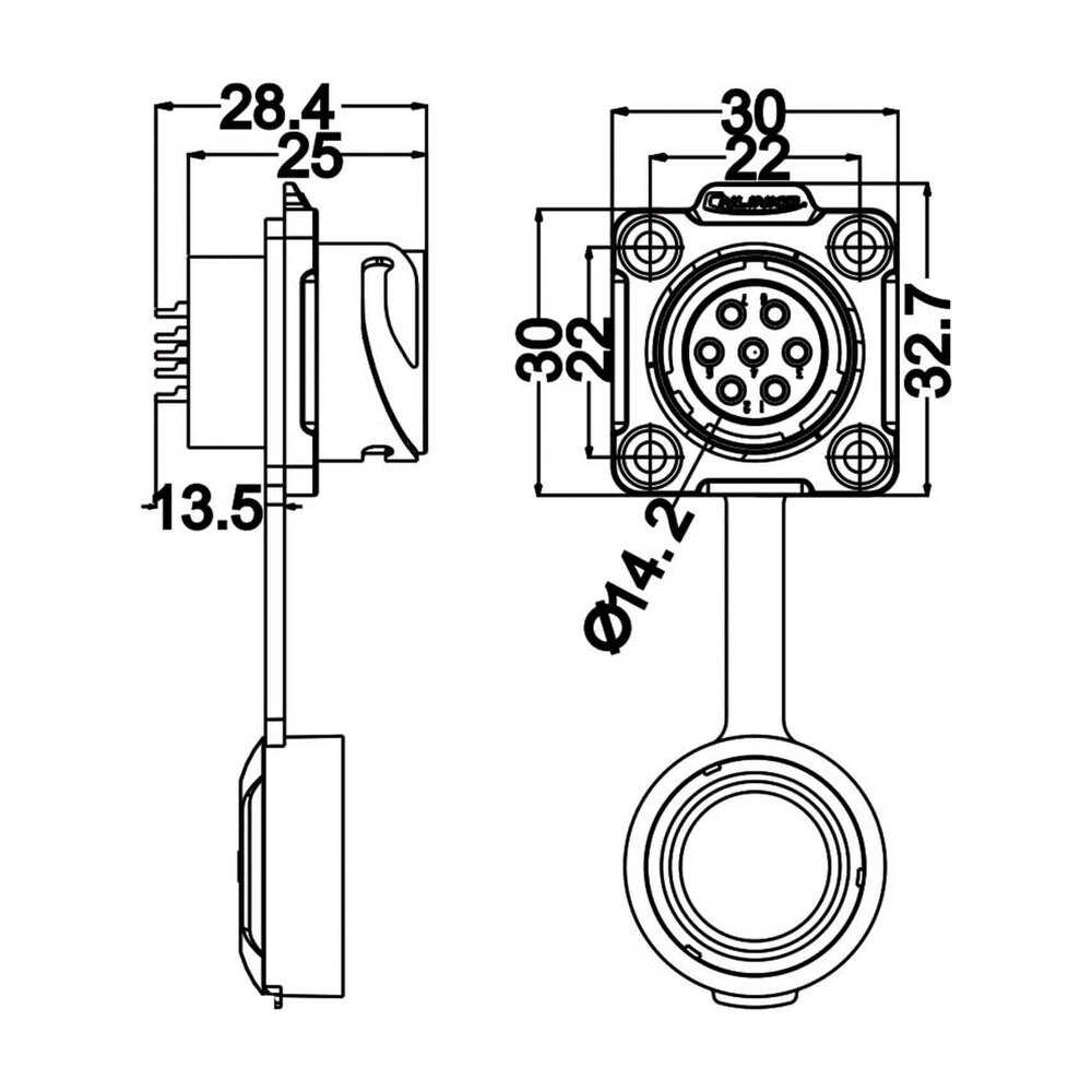 DH-20-J07SX-03-401, 7-Pin Female Panel Mount Waterproof Connector