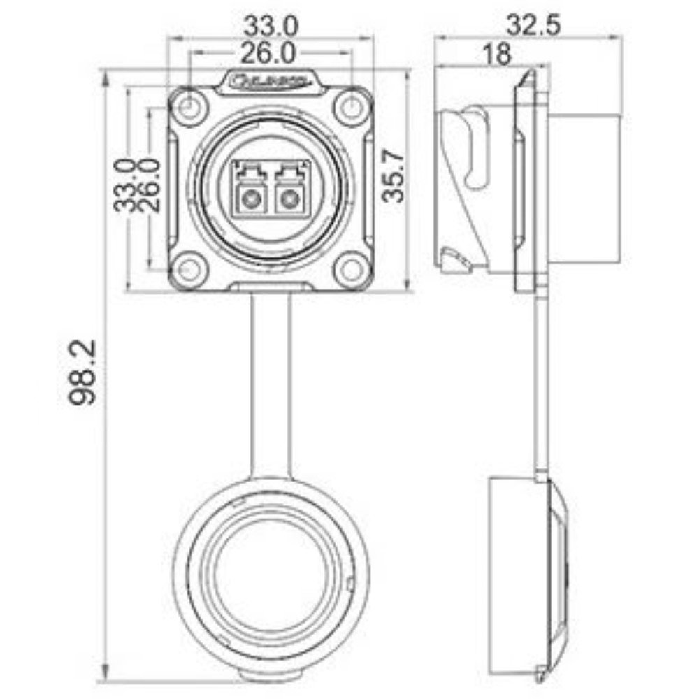 DH-24-J/LC/213/SX-43-401, DH-24 Fiber Optic (LC) Socket (Panel Mount) Waterproof Connector