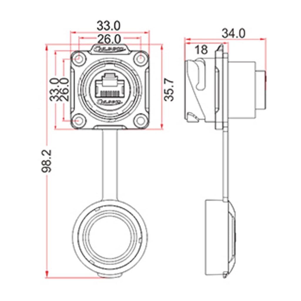 DH-24-J/RJ45/213/SX-43-401, DH-24 RJ45 Ethernet Socket (Panel Mount) Waterproof Connector