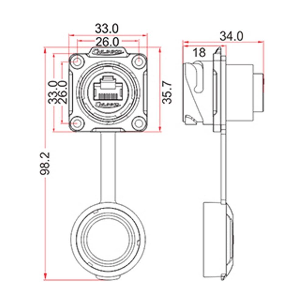 DH-24-J/RJ45/213/SX-43-401, DH-24 RJ45 Ethernet Socket (Panel Mount) Waterproof Connector