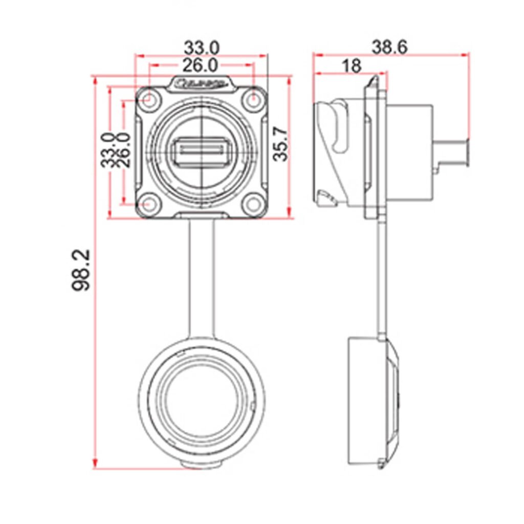 DH-24-J/USB3/213/SX-43-401, DH-24 USB 2.0/3.0 Socket (Panel Mount) Waterproof Connector