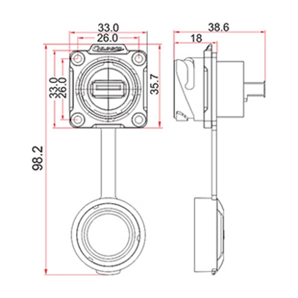 DH-24-J/USB3/213/SX-43-401, DH-24 USB 2.0/3.0 Socket (Panel Mount) Waterproof Connector