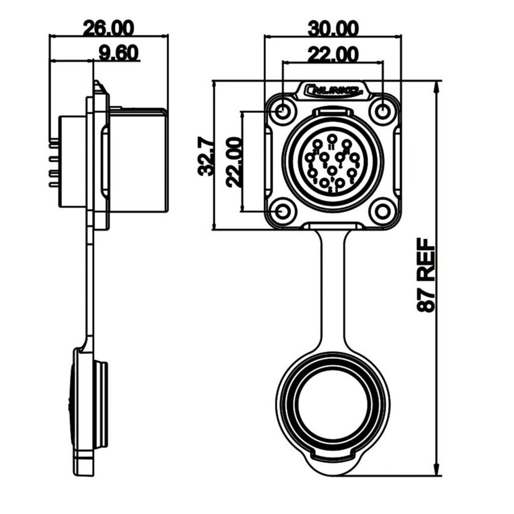 LP-20-J12SX-03-401, 12-Pin Female Panel Mount Waterproof Connector