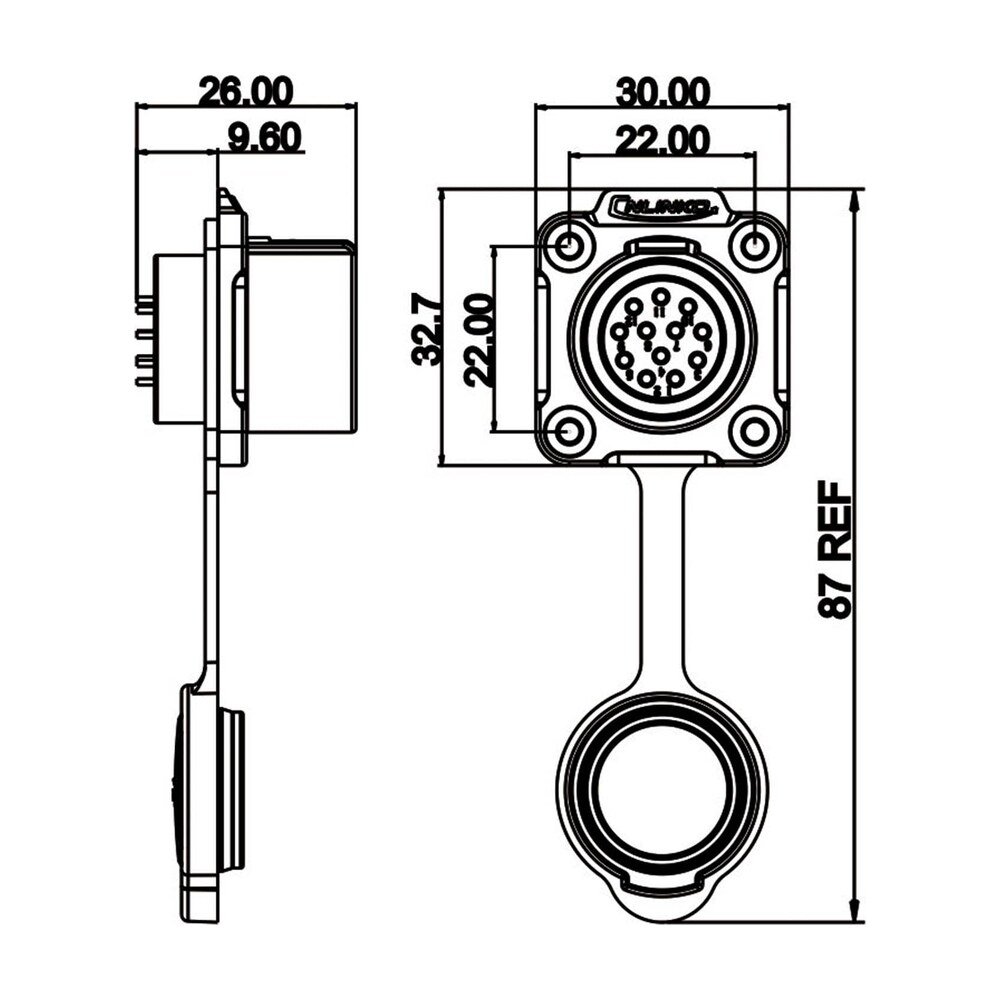 LP-20-J12SX-03-401, 12-Pin Female Panel Mount Waterproof Connector