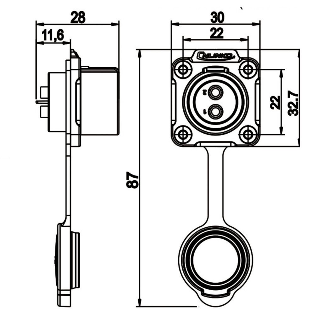 LP-20-J02SX-03-401, 2-Pin Female Panel Mount Waterproof Connector