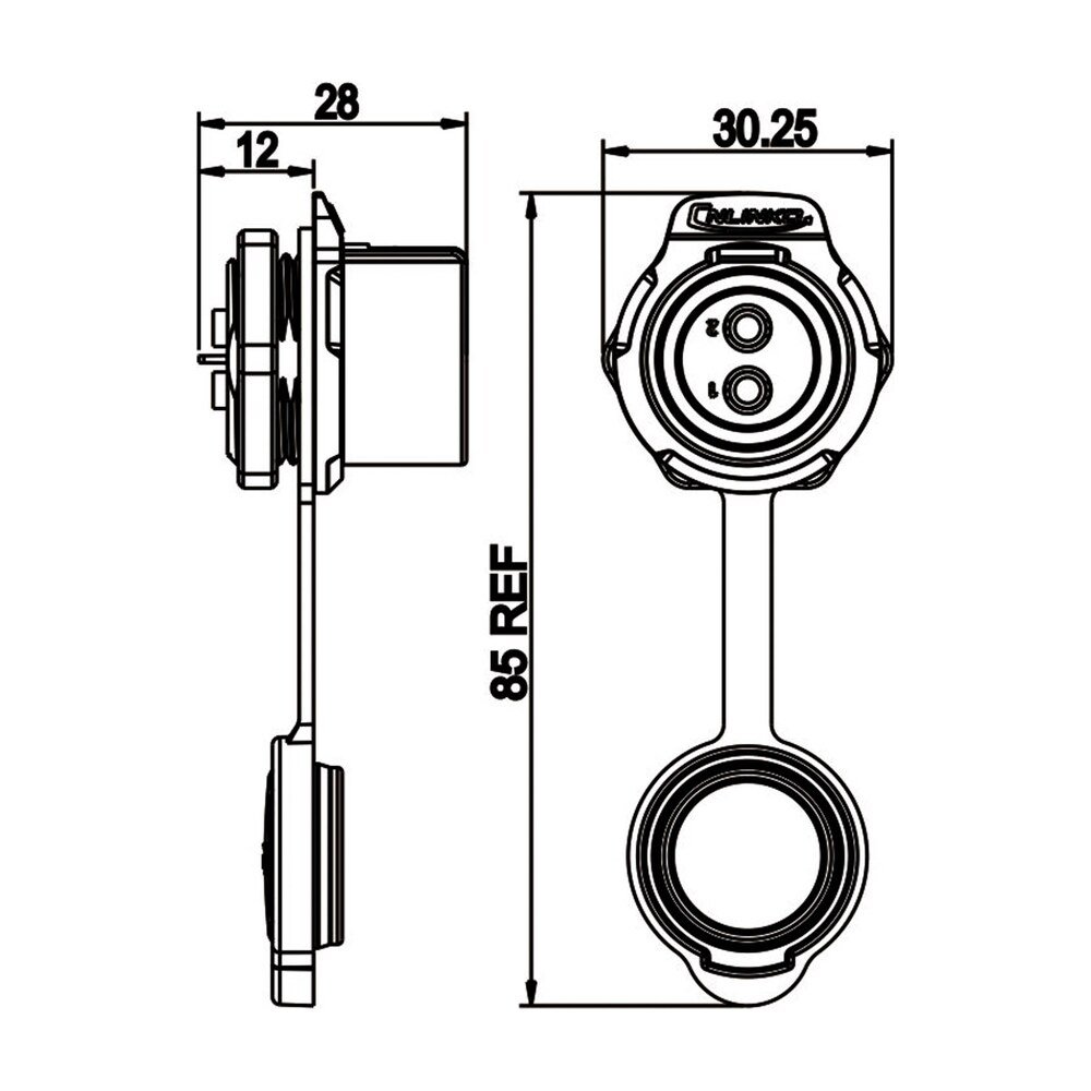 LP-20-J02SX-03-101, 2-Pin Female Panel Mount Waterproof Connector