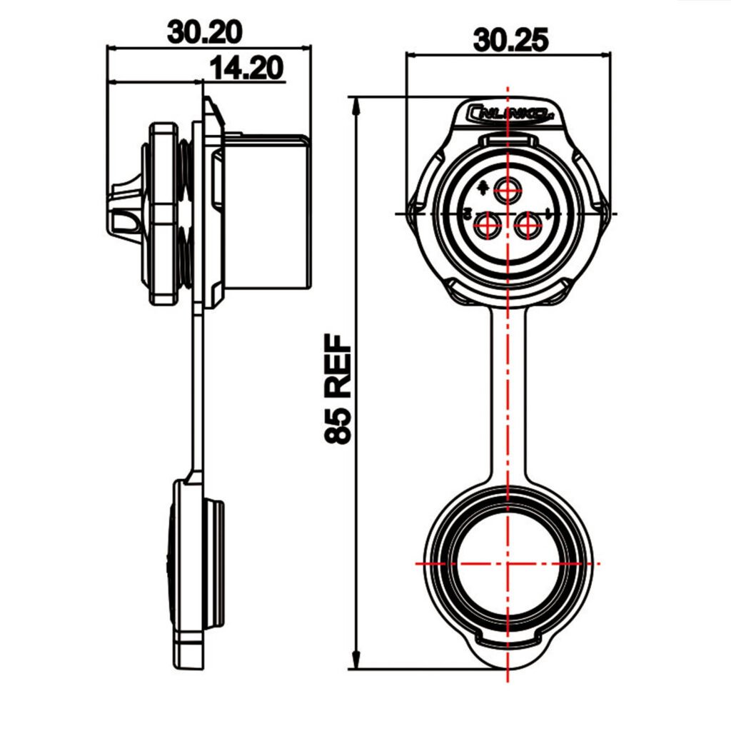 LP-20-J03SX-02-001, 3-Pin Female Panel Mount Waterproof Connector