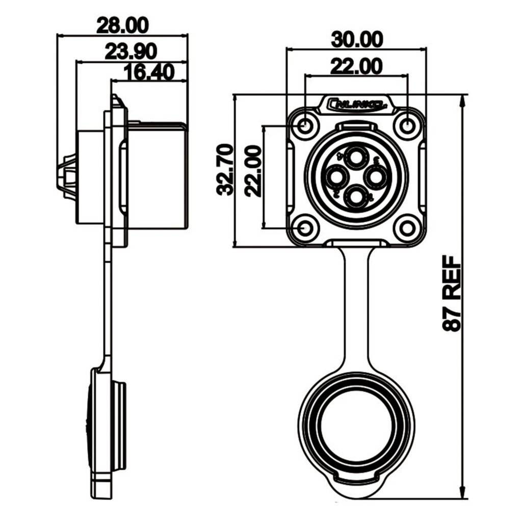 LP-20-J04SX-03-401, 4-Pin Female Panel Mount Waterproof Connector