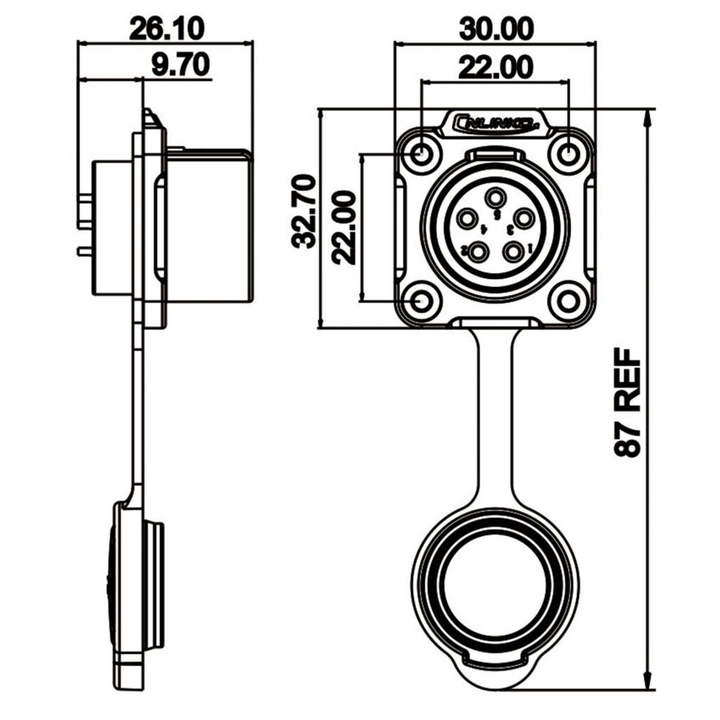 LP-20-J05SX-03-401, 5-Pin Female Panel Mount Waterproof Connector