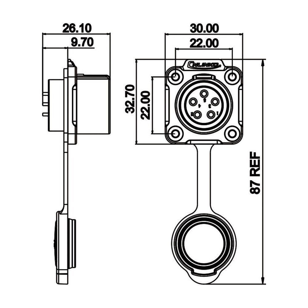 LP-20-J05SX-03-401, 5-Pin Female Panel Mount Waterproof Connector