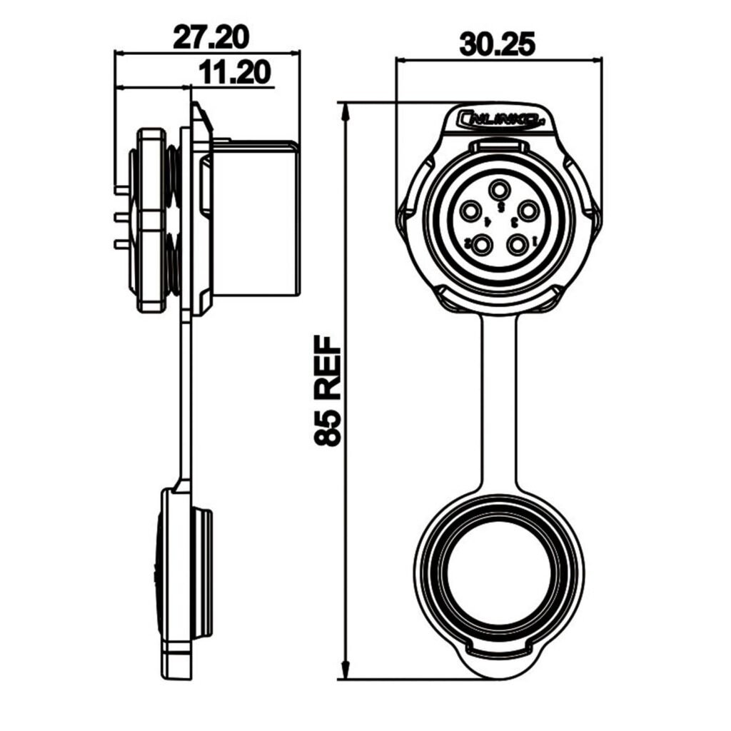 LP-20-J05SX-03-101, 5-Pin Female Panel Mount Waterproof Connector