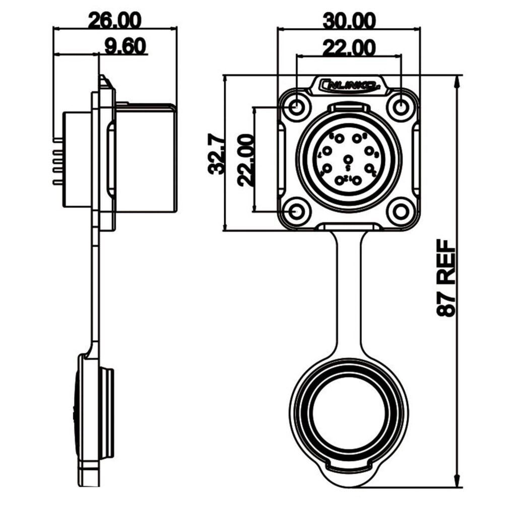 LP-20-J09SX-03-401, 9-Pin Female Panel Mount Waterproof Connector