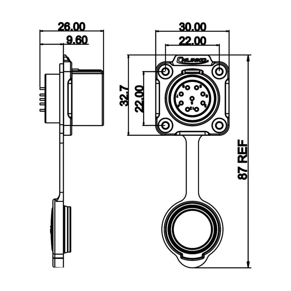 LP-20-J09SX-03-401, 9-Pin Female Panel Mount Waterproof Connector