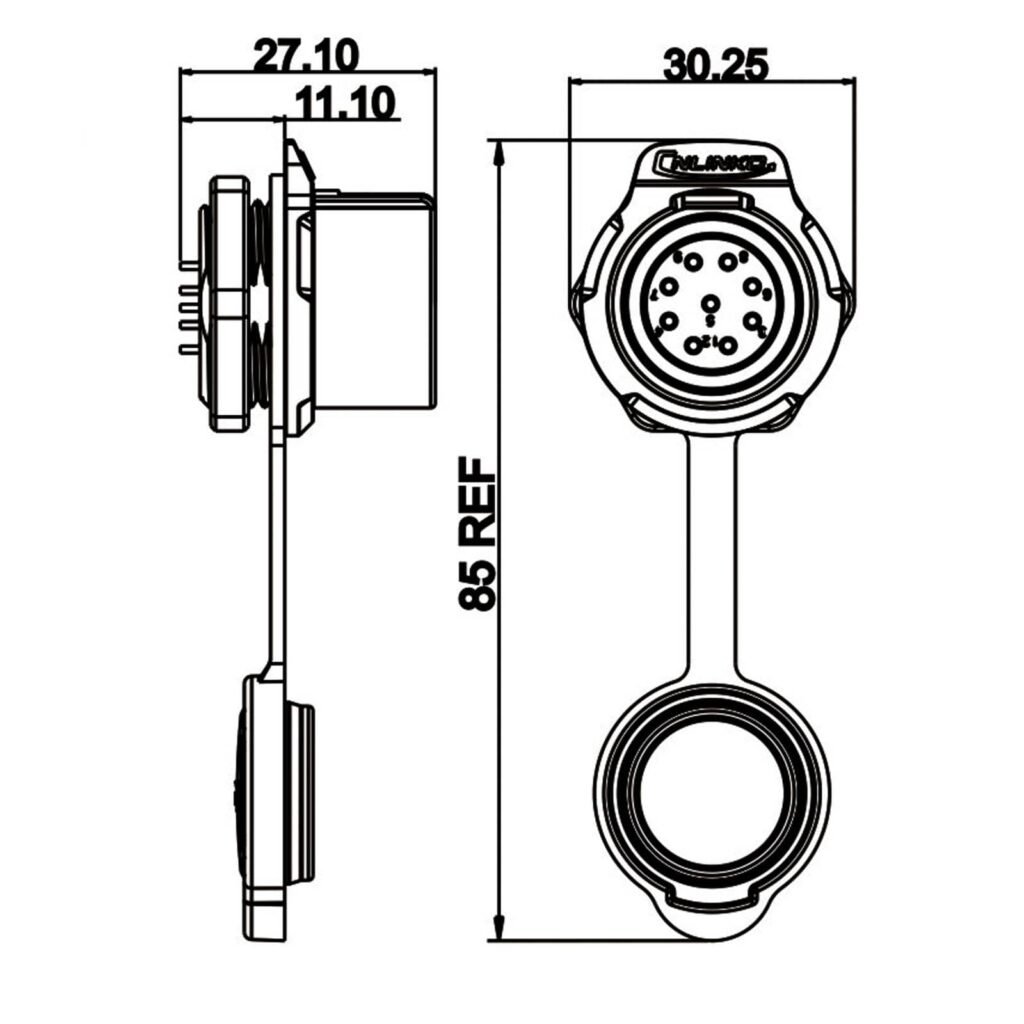 LP-20-J09SX-03-101, 9-Pin Female Panel Mount Waterproof Connector