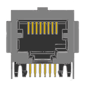MR-965801 (8P8C) RJ45, Flat Pin, Shielded, Panel Grounds, Side Entry, Modular PCB Jack