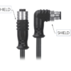 M12, A-Coded Female Straight Connector to Male Right Angle Connector Molded, Shielded Cable, Available Pins 3, 4, 5, 8, 12, 1