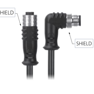 M12, A-Coded Female Straight Connector to Male Right Angle Connector Molded, Shielded Cable, Available Pins 3, 4, 5, 8, 12, 1