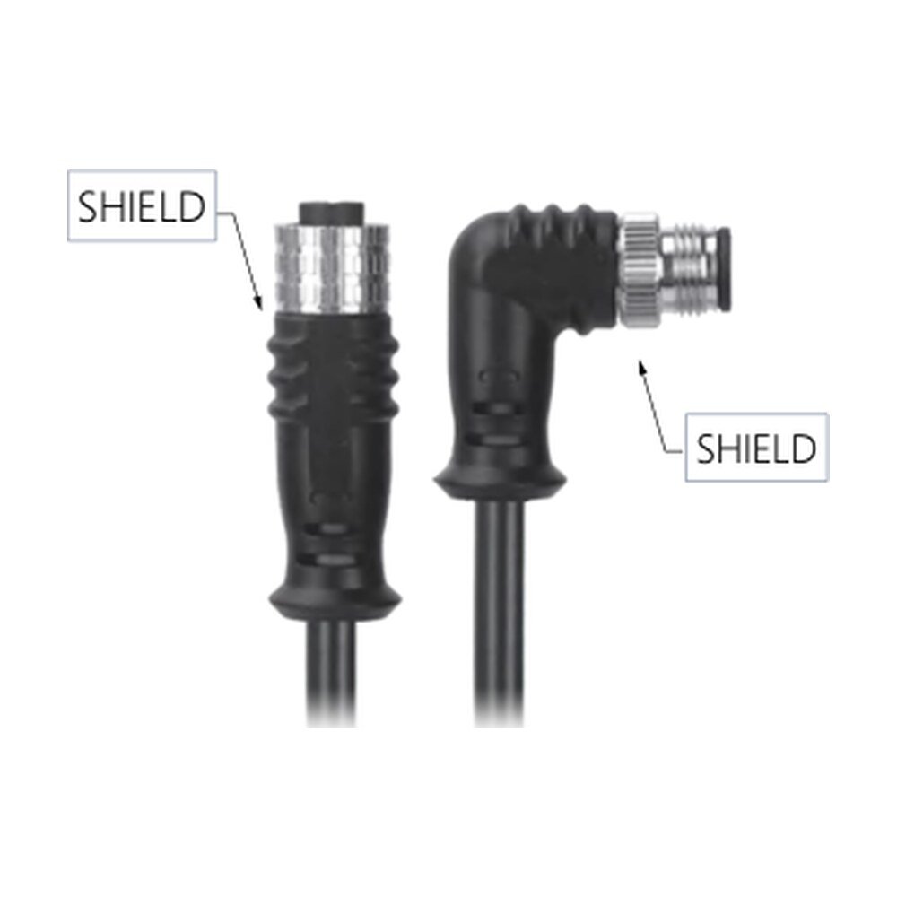 M12, A-Coded Female Straight Connector to Male Right Angle Connector Molded, Shielded Cable, Available Pins 3, 4, 5, 8, 12, 17, MR-YL121075