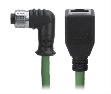 M12 Female Right Angle to RJ45 Female Cable, M12, 8 Pin A-Coded, Foil Shield, IP67/IP68