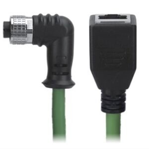M12 Female Right Angle to RJ45 Female Cable, M12, 4 Pin D-Coded, Foil Shield, IP67/IP68