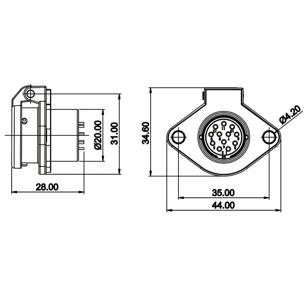 YA-20-J12SX-01-001, 12-Pin Female Panel Mount Waterproof Connector