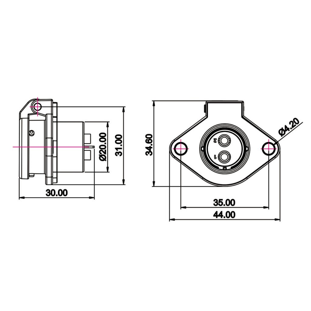 YA-20-J02SX-03-201, 2-Pin Female Panel Mount Waterproof Connector