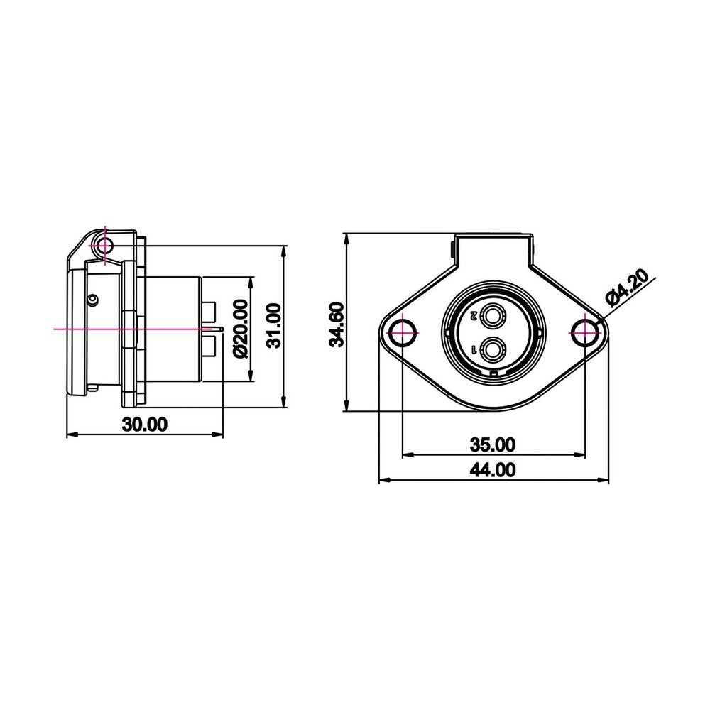 YA-20-J02SX-03-201, 2-Pin Female Panel Mount Waterproof Connector
