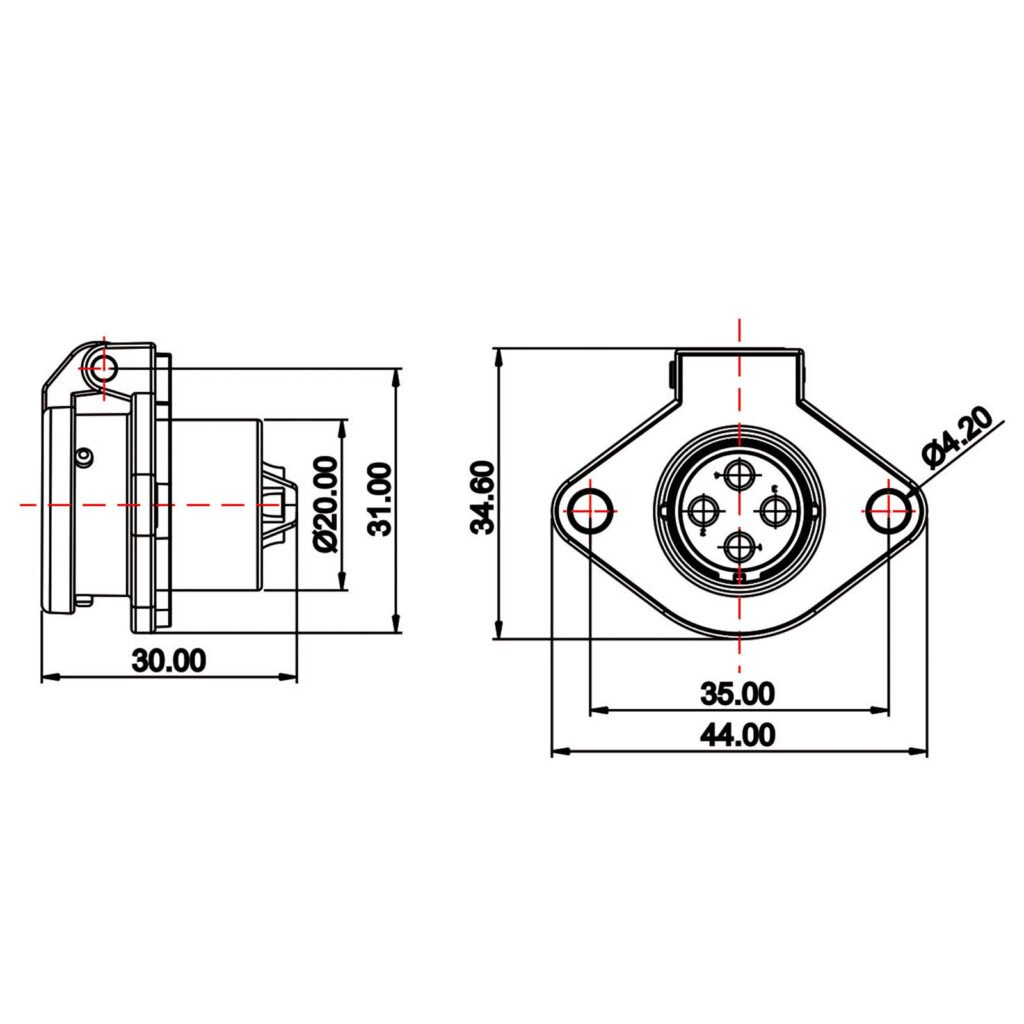 YA-20-J04SX-01-001, 4-Pin Female Panel Mount Waterproof Connector