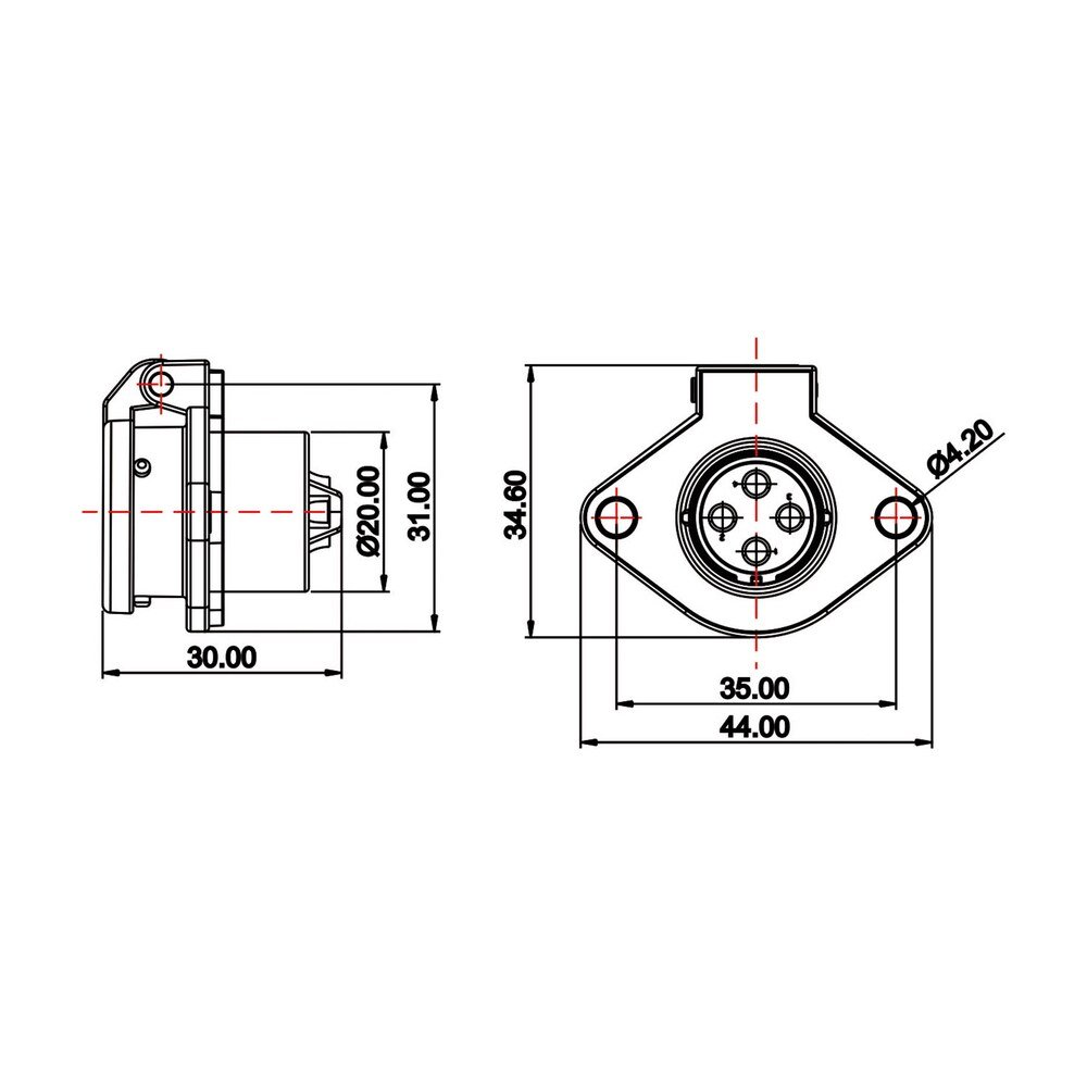 YA-20-J04SX-03-201, 4-Pin Female Panel Mount Waterproof Connector