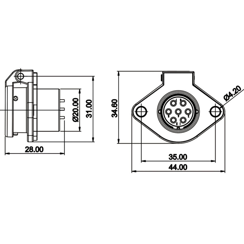 YA-20-J07SX-01-001, 7-Pin Female Panel Mount Waterproof Connector