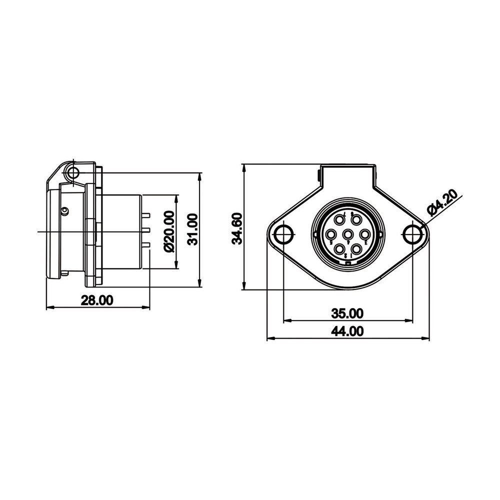 YA-20-J07SX-03-201, 7-Pin Female Panel Mount Waterproof Connector