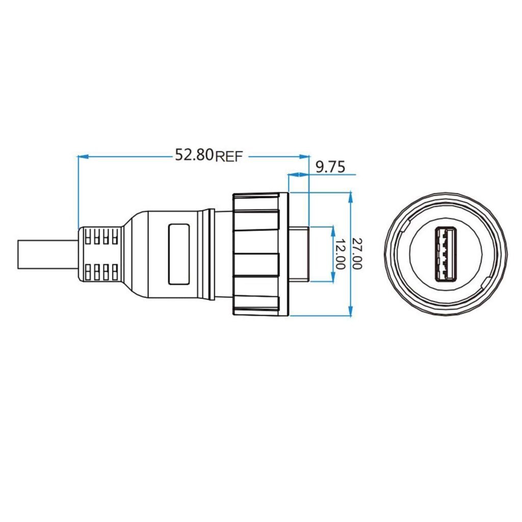 YU-USB2-MP-MP-1M-001, USB 2.0 Waterproof Cable Assembly, Male Plug to Male Plug, 1m